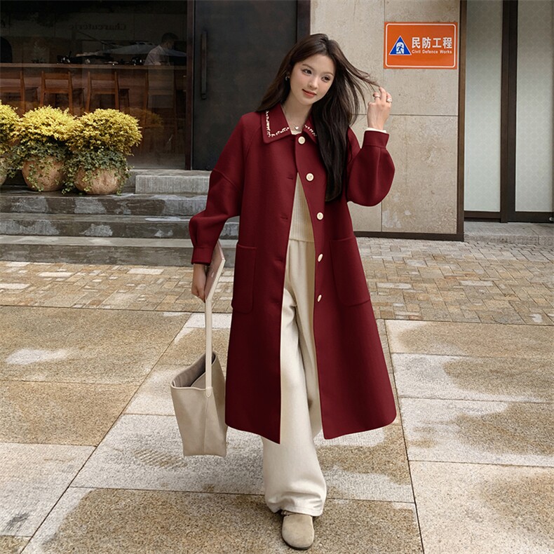 新年红色双面羊绒大衣女结婚2025秋冬新款高级感中长款羊毛呢外套,女装双面呢大衣,丝露依尚（原SL）