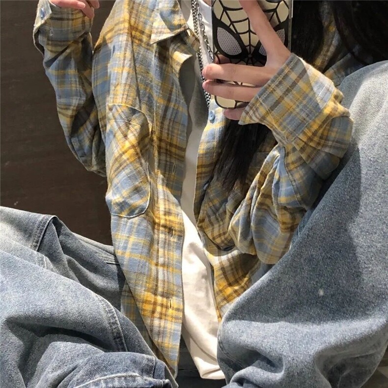 网络图现货毛格子长袖衬衫男女翻领宽松休闲情侣衬衣RCS010-P48,男装衬衫,星座1005-4