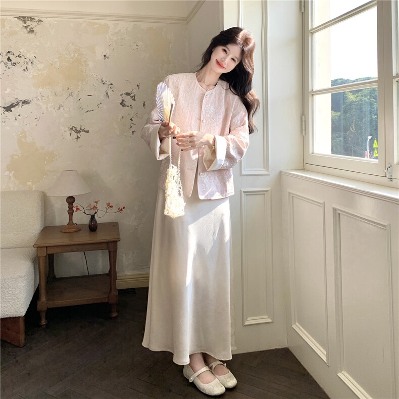 现货在店粉色刺绣新中式风+背心长裙2C206-L766-P195-K318,女装套装/套裙,2C206