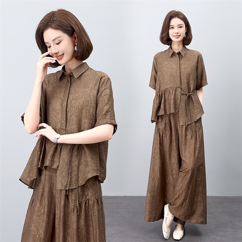 妈妈休闲天丝衬衫阔腿裤套装女夏中年洋气减龄时尚高端宽松两件套，女装套装/套裙，雪樱依海