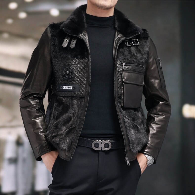 BIJ901冬季新款海宁真皮羽绒服男山羊皮夹克翻领时尚男装机车皮衣，男装皮衣，电商B360
