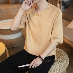 夏新款亚麻竹节棉麻短袖中国风盘扣祥云刺绣五分袖大码T恤T511图片