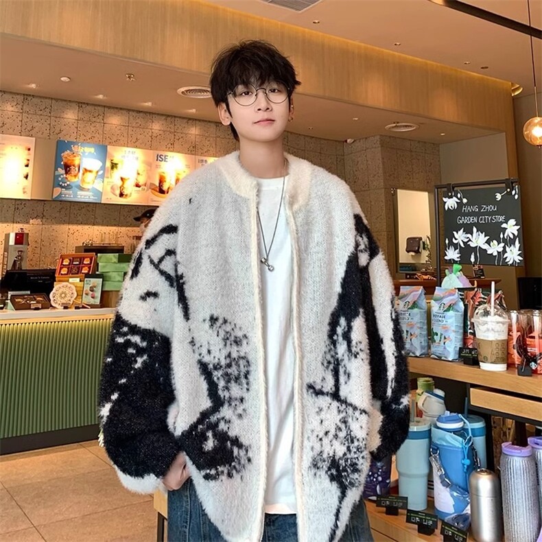 秋冬季日系复古渐变高级感开衫毛衣外套男款潮牌慵懒风休闲针织衫图片