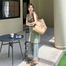休闲蕾丝拼接牛仔休闲裤套装女夏2025新款又酷又飒穿搭两件套爆款，女装套装/套裙，2D078
