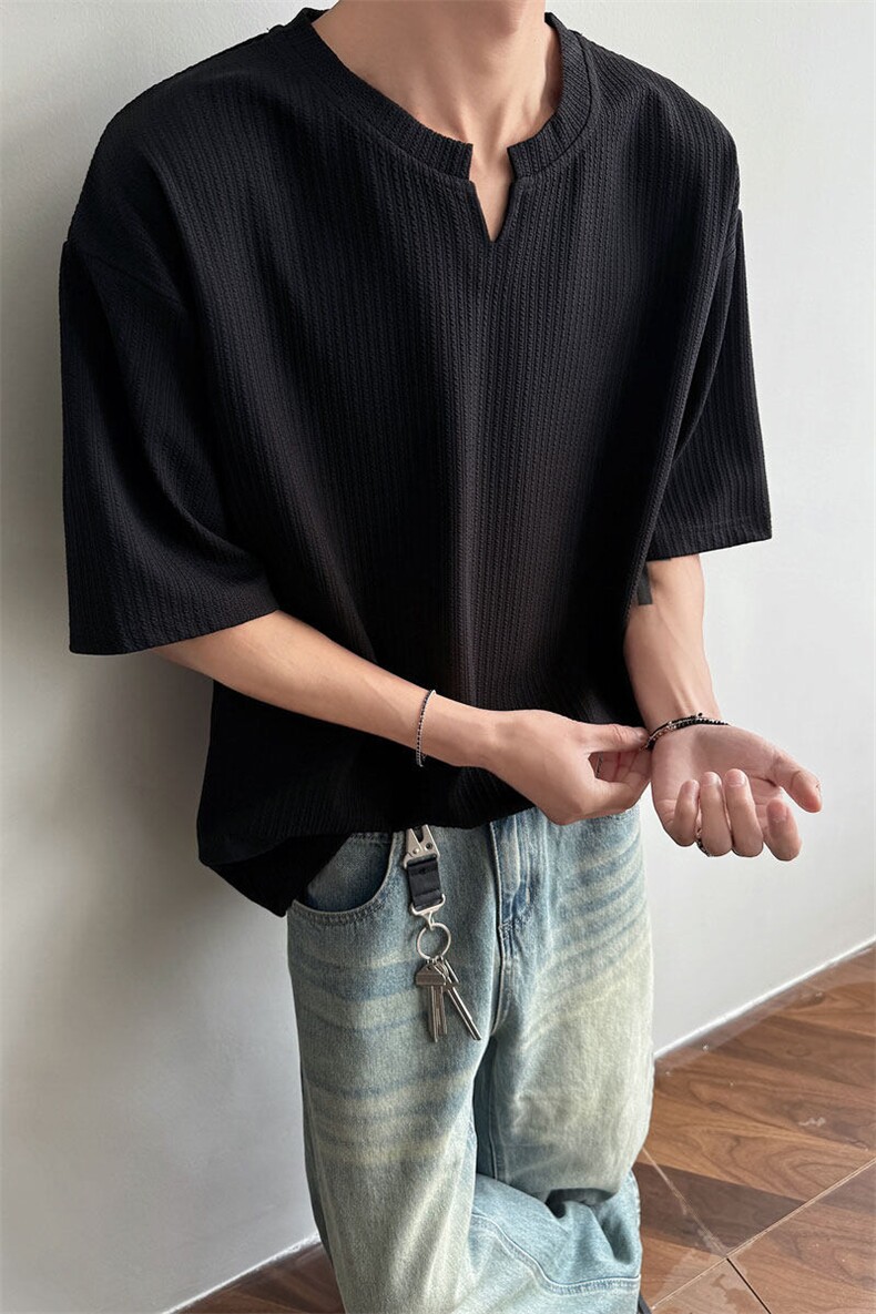 肌理感提花V领短袖T恤男夏季美式潮牌设计感宽松休闲情侣半袖体恤,男装T恤,电商C213(原B265)