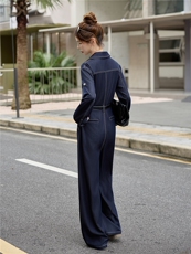 （新款现货）2026春装时尚西装领天丝牛仔阔腿连体裤（配腰带），女装连体裤，印象茜