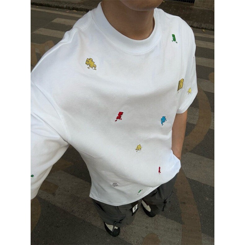 M525-P35拼图小人刺绣美式复古宽松休闲圆领短袖T恤男女同款,男装T恤,星座617A-1（原B318A）