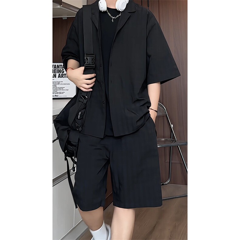 TZ52932/P65西服领短袖衬衣裤子套装男潮夏季肌理感西装领两件套图片