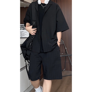 TZ52932/P65西服领短袖衬衣裤子套装男潮夏季肌理感西装领两件套图片