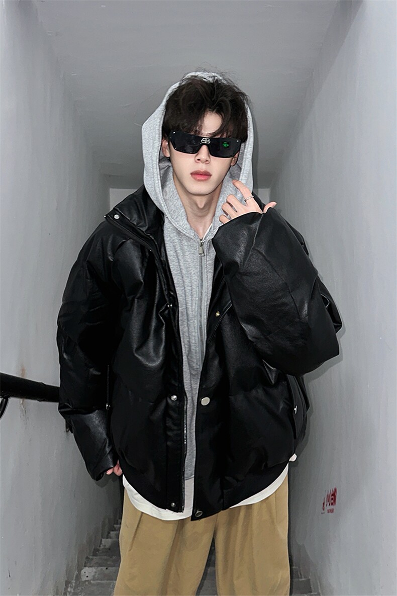 405A美式高街个性连帽设计假两件pu皮棉服MY24920-P158控188,男装棉衣,星座405A