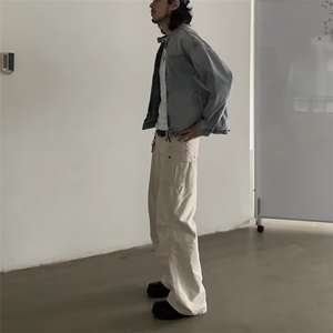多口袋水洗做旧阔腿弯刀牛仔裤男装复古vibe风直筒拖地微喇哈伦裤图片