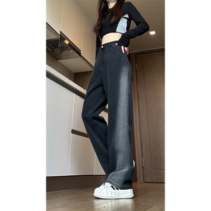 现货 黑紫色拼接宽松阔腿直筒撞色休闲牛仔裤男女 K5820-P50 控78图片