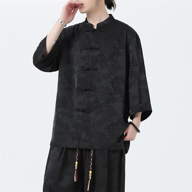男士风七分袖衬衫2025夏季新款立领大码盘扣上衣CS100-P55,男装衬衫,电商A008