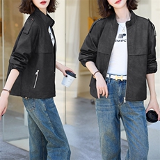 现货复古港风晕染立领皮衣女2024秋新款宽松休闲机车Pu皮外套，女装皮衣，江南女神