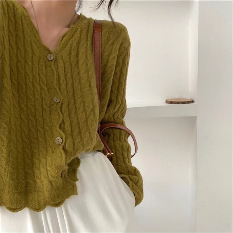 秋季新款舒适显瘦时尚百搭荷叶边针织开衫，女装羊毛衫，恒恩羊绒