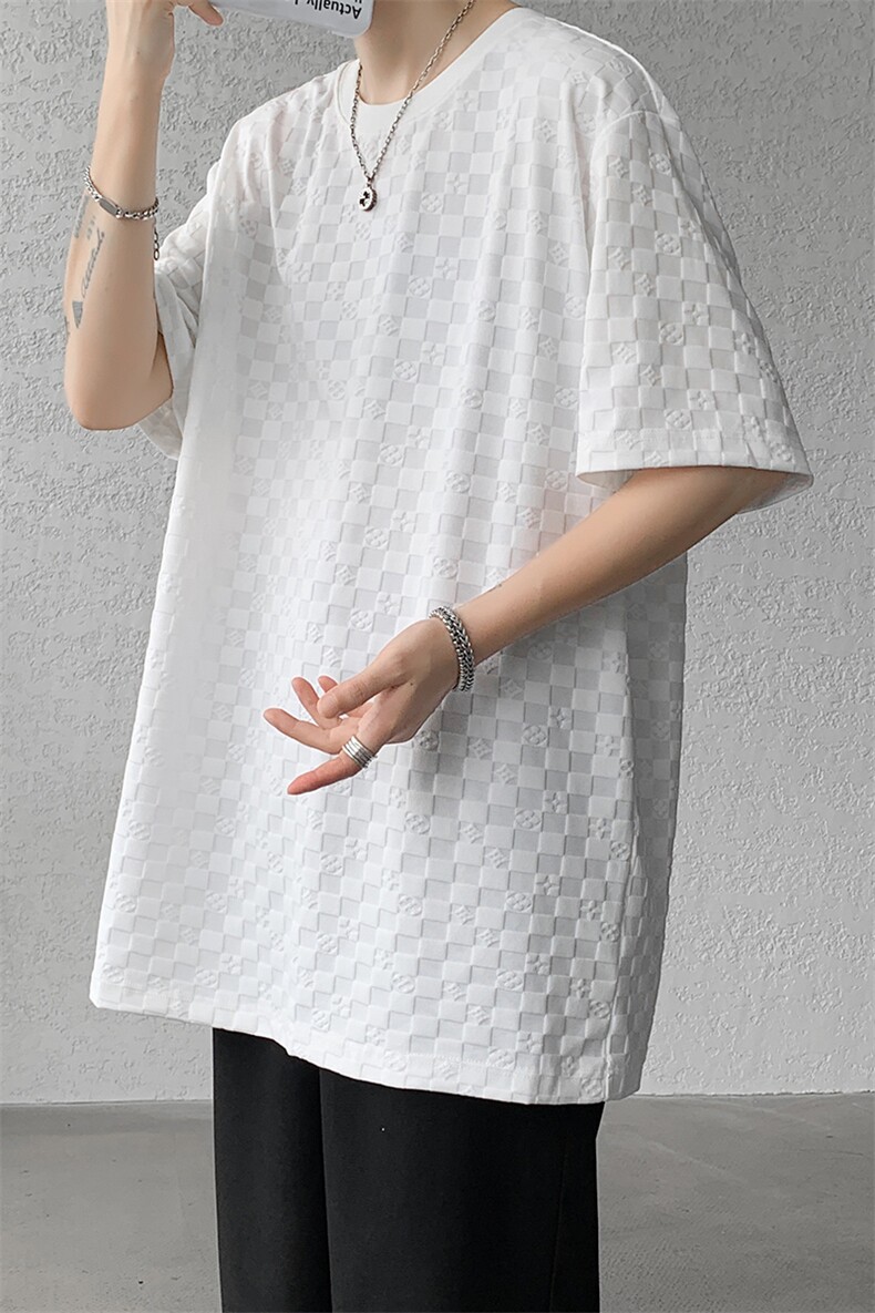8XL-M特大码短袖男夏季港风棋盘格子T恤冰丝半截五分袖DX323P35,男装T恤,电商D206-1