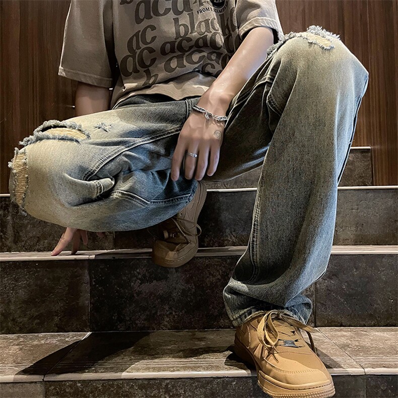 破洞高街潮流牛仔裤男夏季美式休闲复古水洗做旧阔腿裤N0092-P43,男装牛仔裤,星座308B-1