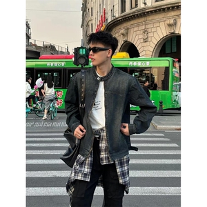 复古水洗立领牛仔外套男士潮流春秋新款百搭宽松夹克上衣 JA042图片