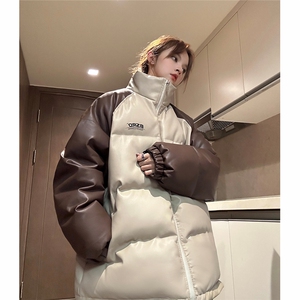 EQ346 PU皮棉衣撞色油墨印花冬季加厚面包服外套男女情侣装2023图片
