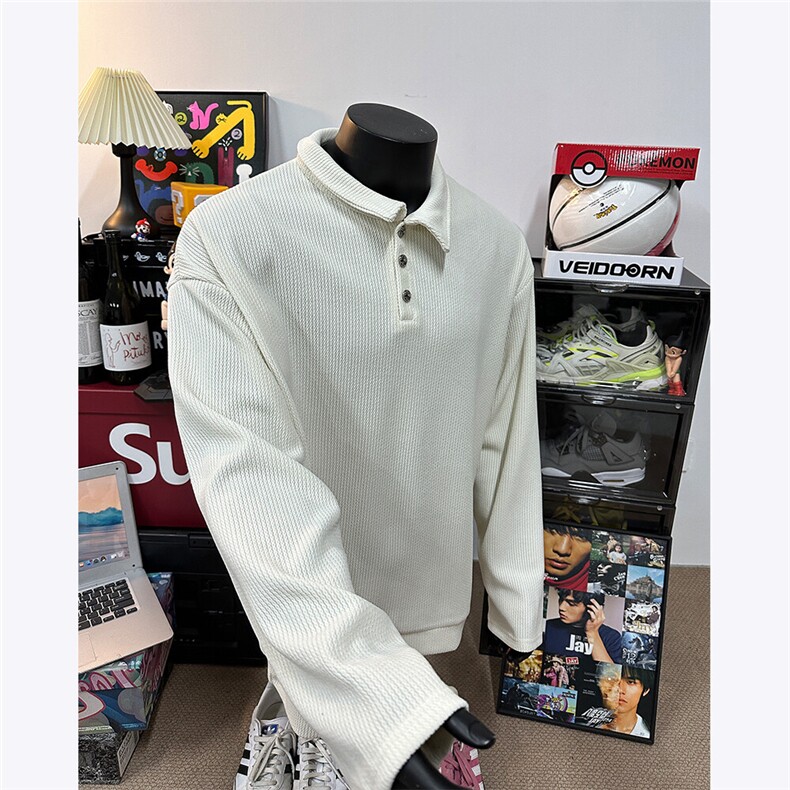 假模图肌理感坑条POLO衫男简约卫衣宽松潮流长袖外套2026春装P48，男装Polo衫，电商C306-1