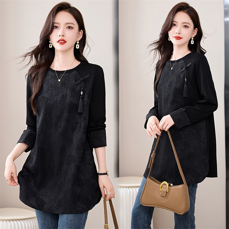 九月陌墨新中式国风提花圆领长袖t恤女春秋新款衬衣气质衬衫上衣，女装卫衣/绒衫，衣之秀