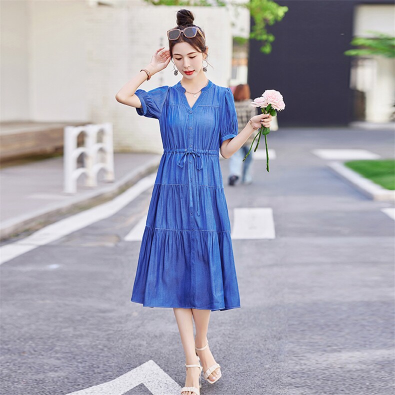 2024夏季女装新款时尚腰节抽绳收腰天丝中长款连衣裙,女装连衣裙,魅衣本色