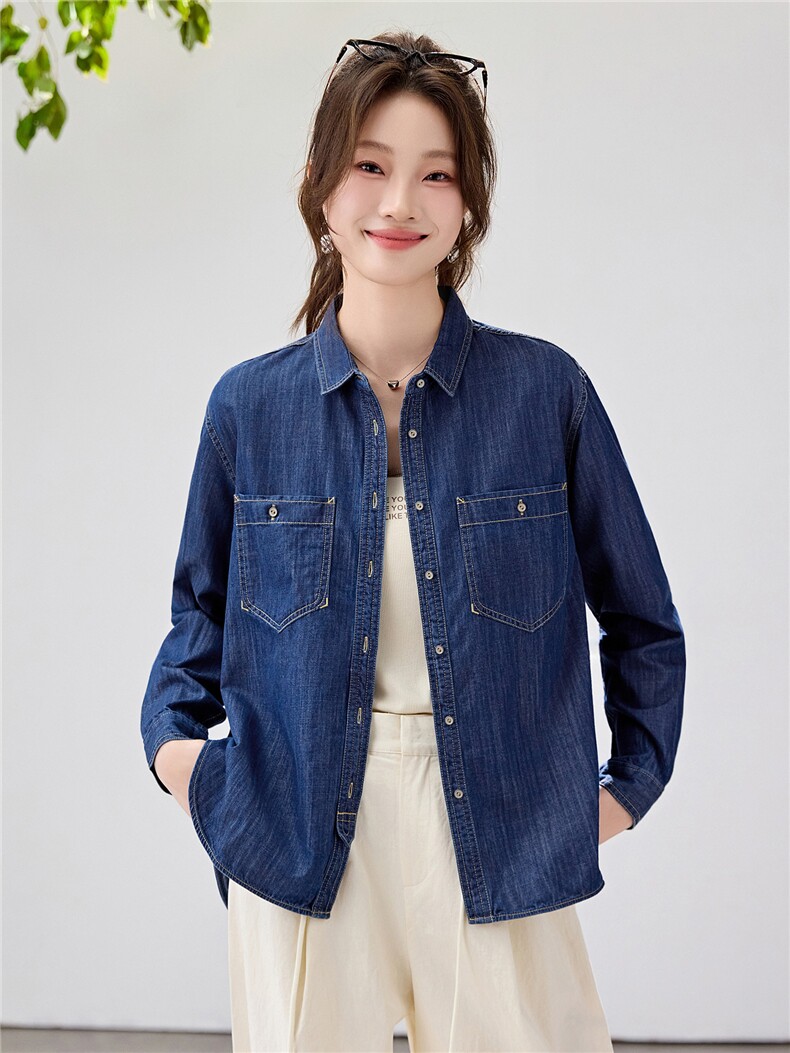 2026早春新款复古蓝牛仔衬衫女宽松显瘦双口袋衬衣百搭叠穿韩系,女装衬衫,艾米
