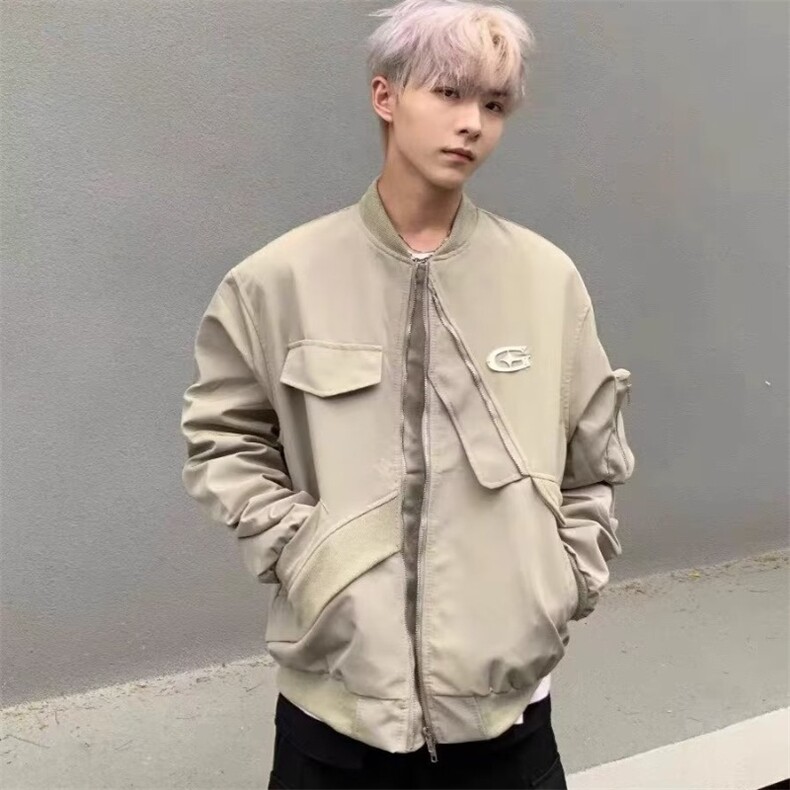 3316-P40美式高街头褶皱拼接设计棒球服夹克男女春秋复古宽松,男装夹克,电商B323A