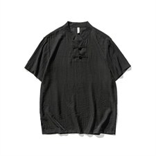 大码风棉麻亚麻短袖盘扣衬衫唐装薄款复古汉服潮F18/P50，男装T恤，钱塘713