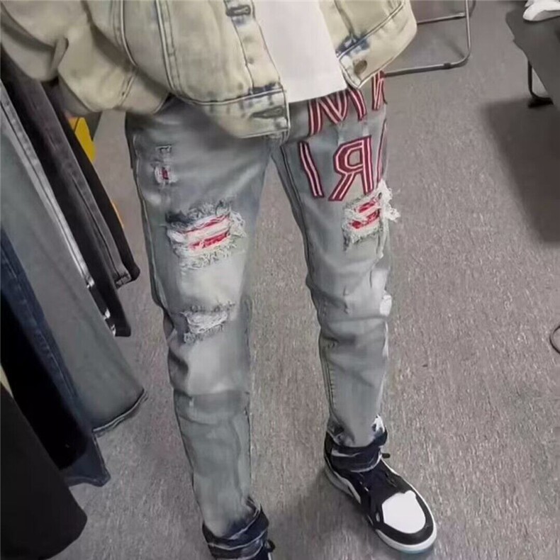 潮牌破洞补丁牛仔裤男百搭痞帅小脚裤美式高街字母贴布小直筒长裤,男装牛仔裤,星座506A