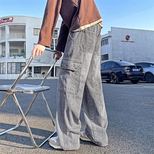 【现货】秋季新款美式复古工装口袋拼接宽松阔腿裤牛仔男816-P50图片