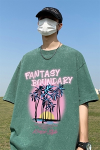 新款夏季潮流做旧水洗百搭印花纯棉圆领短袖T恤T61021 P40控58图片