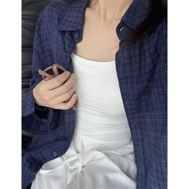 日系气质复古深蓝色格子衬衫女早秋2025新款冷淡系高级感上衣，男装衬衫，星座1210-1