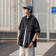 机能工装短袖衬衫男女山系街头宽松休闲翻领半袖黑色衬衣，男装衬衫，星座716-3