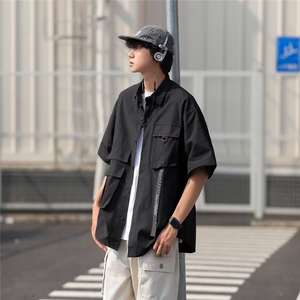 机能工装短袖衬衫男女山系街头宽松休闲翻领半袖黑色衬衣图片