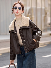 羊羔毛领拼接PU皮羽绒服女2025冬季新款小个子气质显瘦白鸭绒外套，女装羽绒服，衣之秀