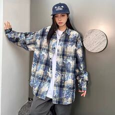春秋季新品男女情侣重磅扎染工艺格子衬衫长袖宽松休闲复古百搭，男装衬衫，星座506A
