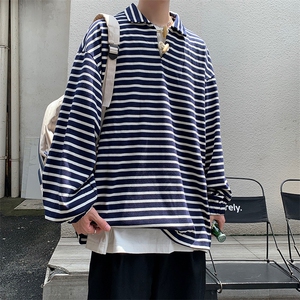2021日系潮流复古牛角扣卫衣休闲宽松条纹长袖POLO衫 W1841-P33图片