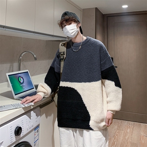 撞色圆领毛衣男春秋季针织衫宽松慵懒风百搭毛线衣外套735/P45,姜色黄阔腿裤搭配什么上衣图片