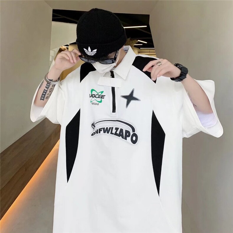 美式polo衫男短袖宽松体恤半拉链翻领潮牌T恤1001-1-TL943-P33，男装Polo衫，星座1001-1