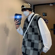 M2210-P38格子纹针织衫V领背心毛衣男生，男装针织衫/毛衣，星座1501-1
