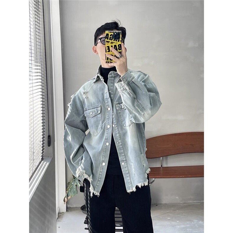秋季款-重工原版高品质J38破洞毛边牛仔夹克衬衫外套蓝色S-3XLP59,男装衬衫,星座1210-1