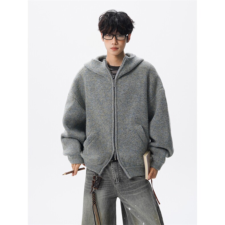 超重磅双拉链连帽针织衫男老钱风美式毛衣开衫外套MY1228-P118,男装针织衫/毛衣,电商D206-1