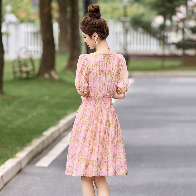 温柔甜美气质印花连衣裙女2025夏季时尚松紧收腰显瘦小个子A字裙,女装连衣裙,布芭啦