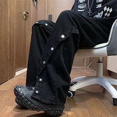 黑色阔腿微喇牛仔裤男春秋美式高街宽松直筒排扣时尚裤街头休闲裤，男装牛仔裤，星座601-2