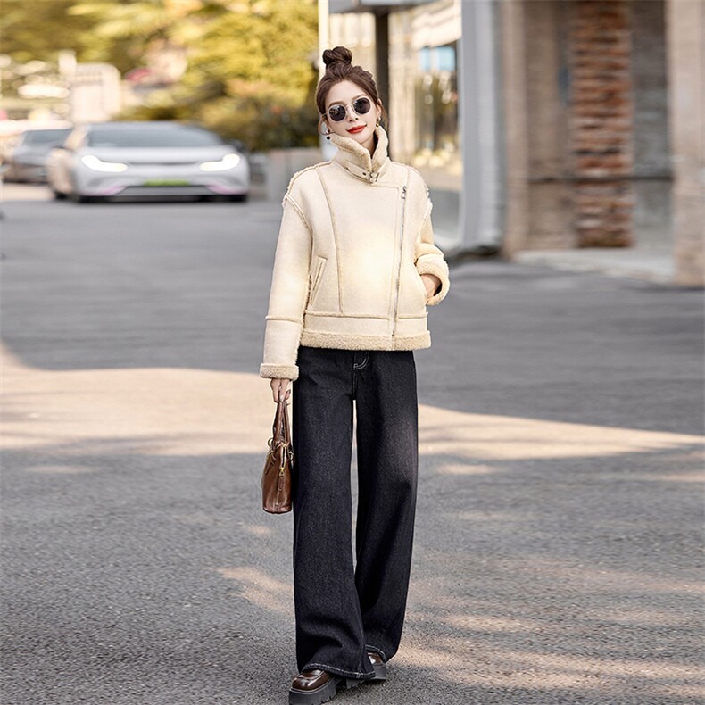 皮毛一体仿羊羔毛鹿皮绒外套女2024冬新款显瘦加厚机车服夹克上衣,女装棉衣/棉服,自然秀