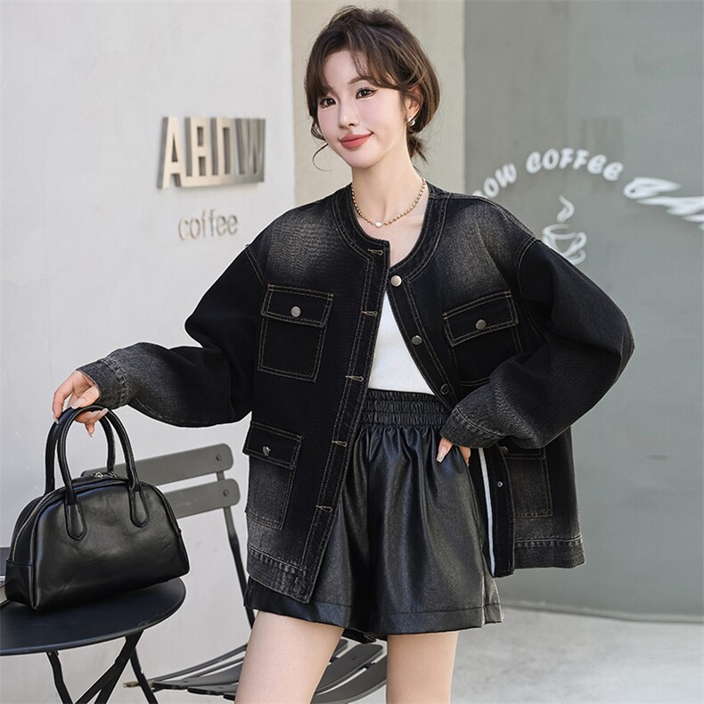 欧货圆领长袖牛仔外套女早秋新款设计感四口袋中长款美式短外套潮，女装牛仔外套，美拉德工厂直营店