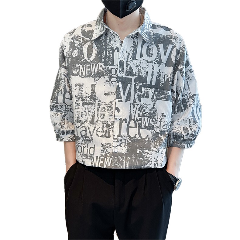 2025春季新款衬衫男士七分袖印花衬衫潮牌宽松上衣901C16P58,男装衬衫,星座901