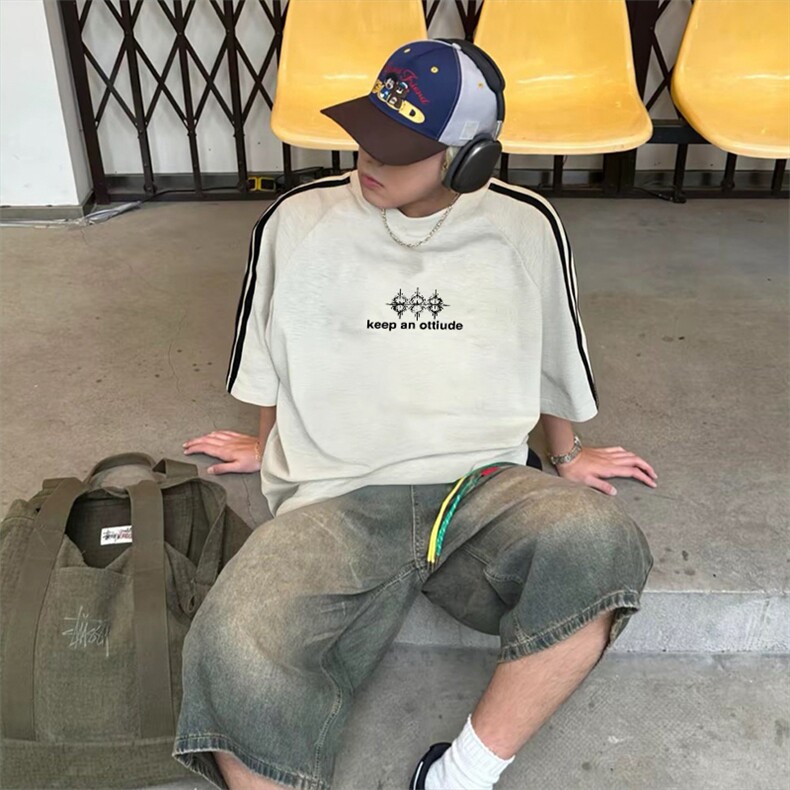 抖音得物高品质二开240克宽松纯棉美式潮牌三条杠织带短袖T恤，男装T恤，电商A486-1