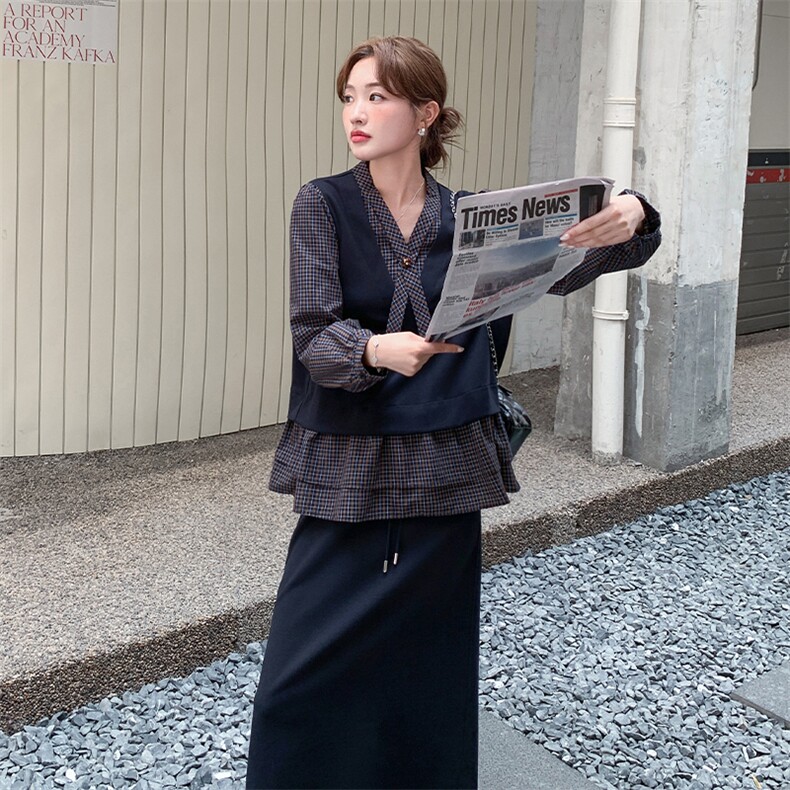 主推款!现货！韩系格纹拼接假两件半身裙套装6876-P175-K258,女装套装/套裙,2D034